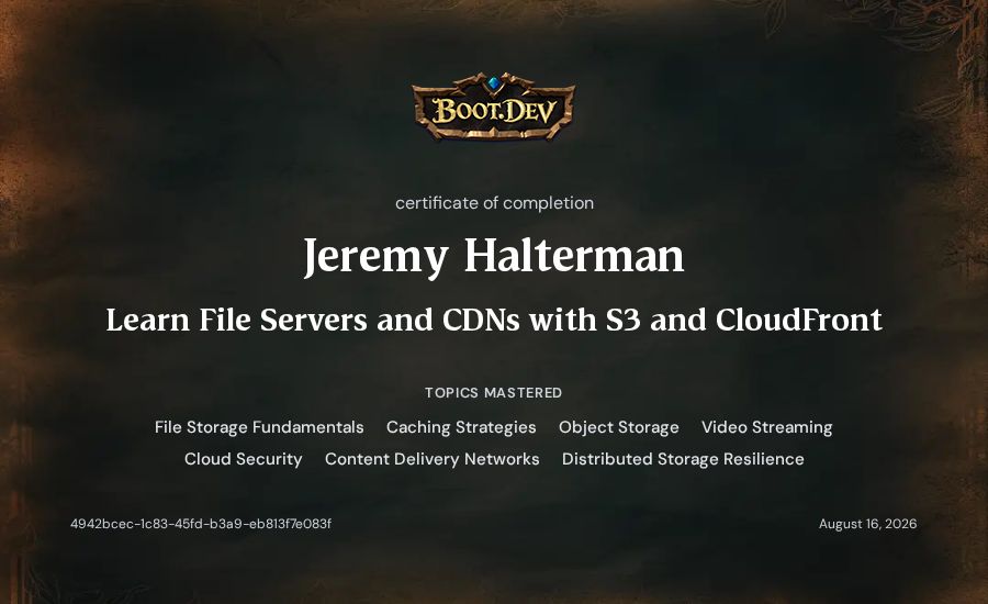 Jeremy Halterman's Boot.dev Learn File Servers and CDNs with S3 and CloudFront certificate