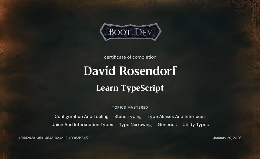 Dorf's Boot.dev Learn TypeScript certificate