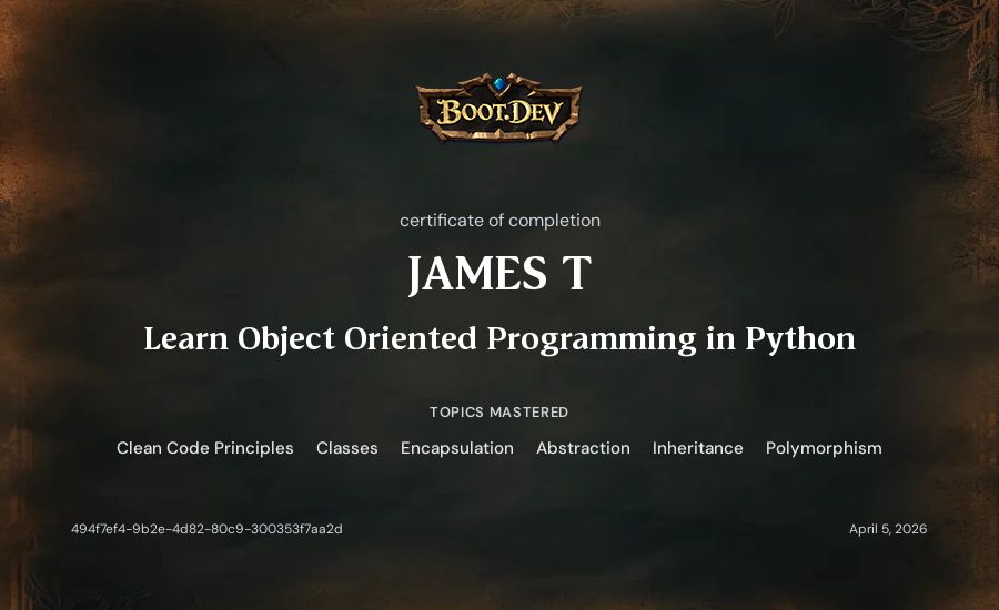 JAMES T's Boot.dev Learn Object Oriented Programming in Python certificate