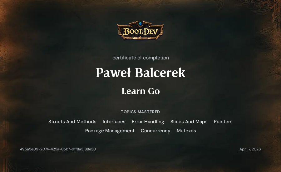 Paweł Balcerek's Boot.dev Learn Go certificate