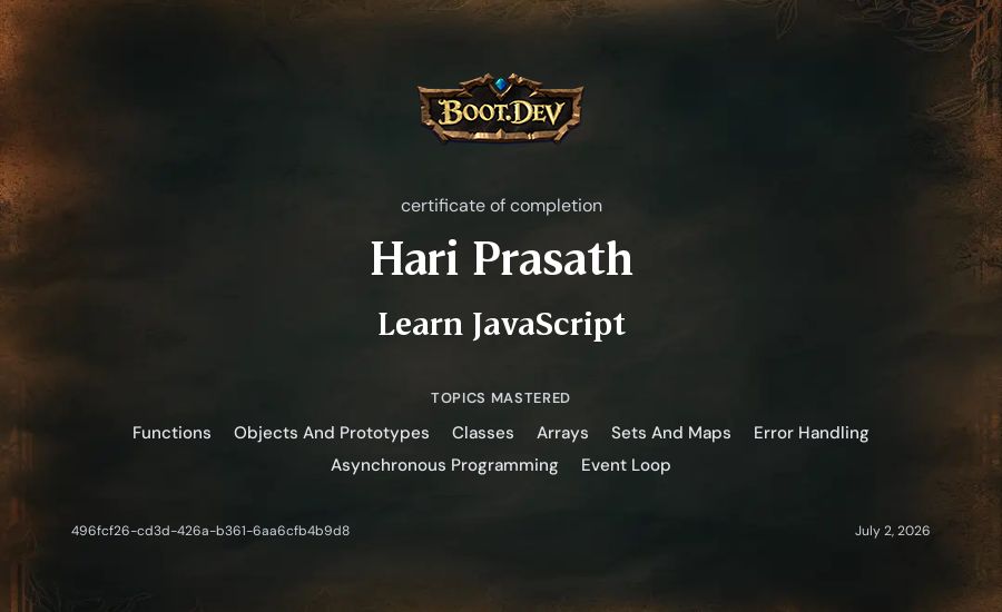 Hari Prasath's Boot.dev Learn JavaScript certificate