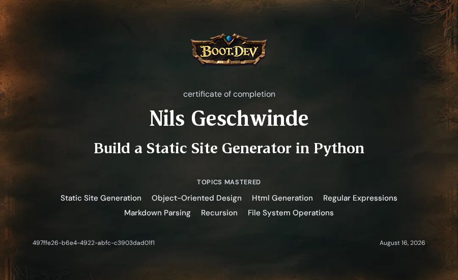 Nils Geschwinde's Boot.dev Build a Static Site Generator in Python certificate