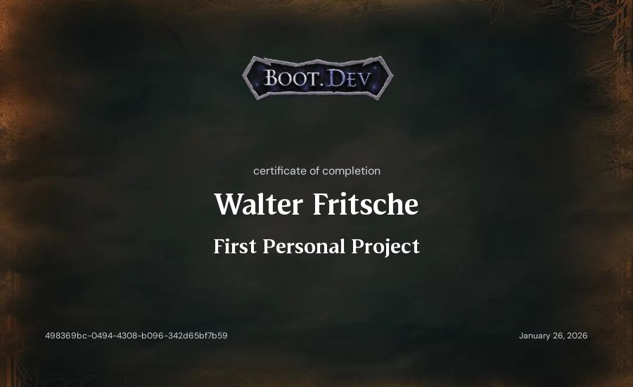 Walter Fritsche's Boot.dev First Personal Project certificate