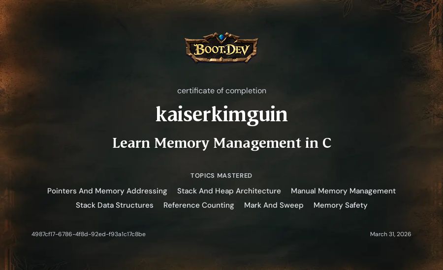 kaiserkimguin's Boot.dev Learn Memory Management in C certificate