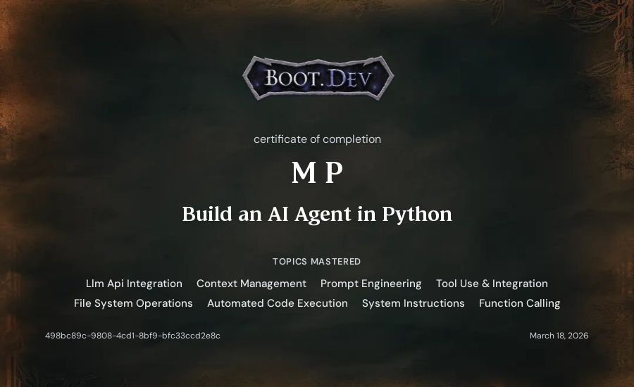 M P's Boot.dev Build an AI Agent in Python certificate