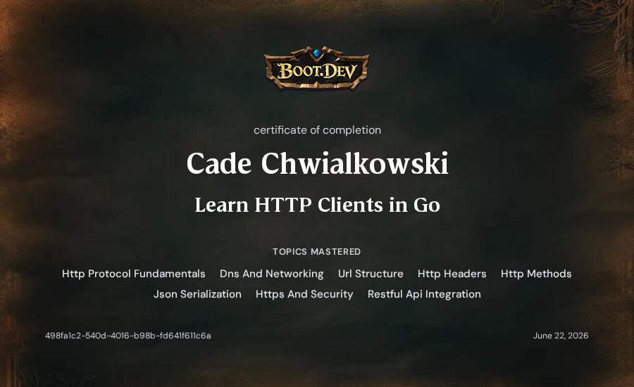 Cade Chwialkowski's Boot.dev Learn HTTP Clients in Go certificate