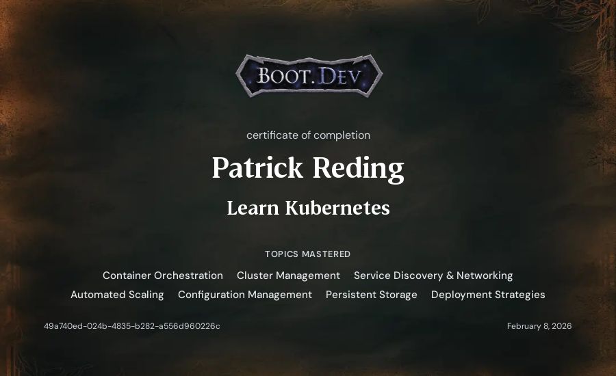 Patrick Reding's Boot.dev Learn Kubernetes certificate