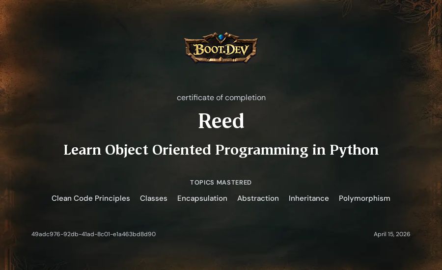 Reed's Boot.dev Learn Object Oriented Programming in Python certificate