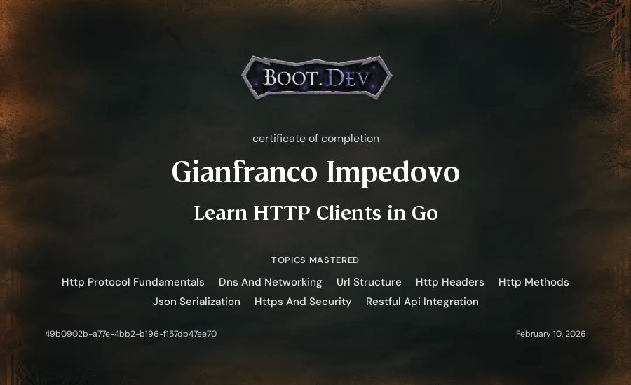 Gianfranco Impedovo's Boot.dev Learn HTTP Clients in Go certificate