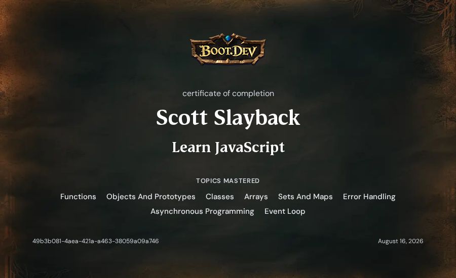 Scott Slayback's Boot.dev Learn JavaScript certificate