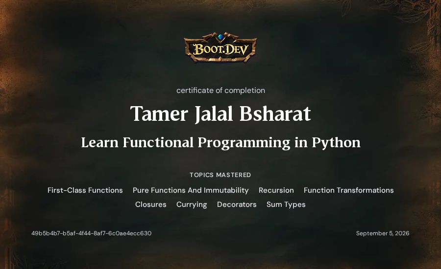 Tamer Jalal Bsharat's Boot.dev Learn Functional Programming in Python certificate