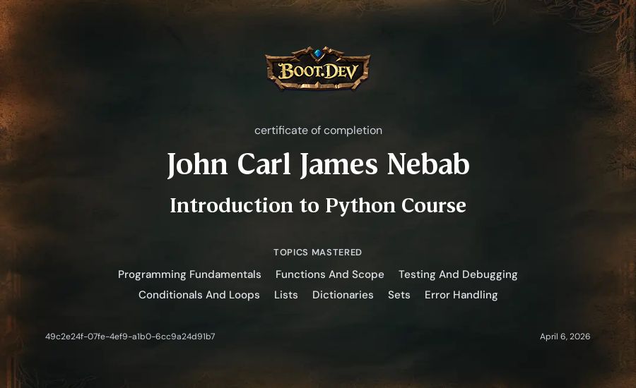 John Carl James Nebab's Boot.dev Introduction to Python Course certificate