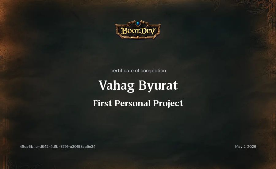 Vahag Byurat's Boot.dev First Personal Project certificate