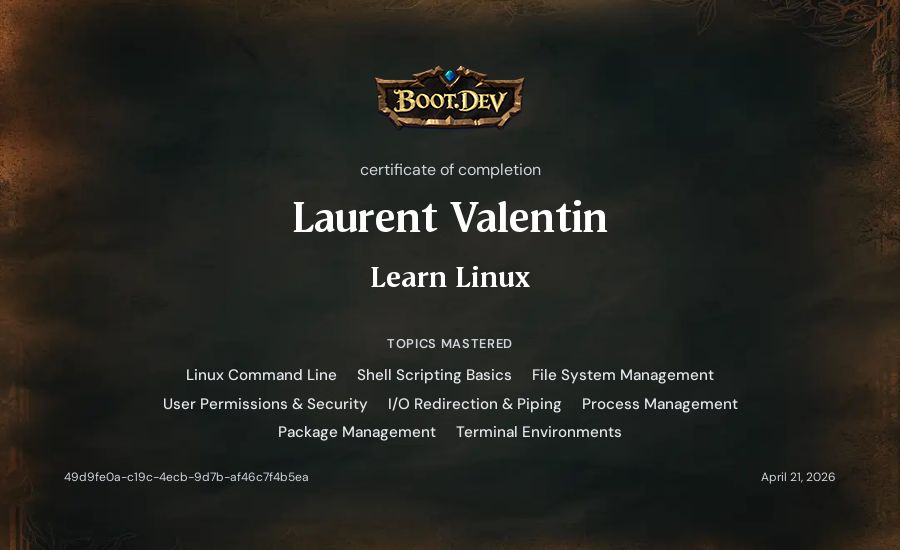 Laurent Valentin's Boot.dev Learn Linux certificate