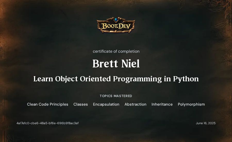 Brett Niel's Boot.dev Learn Object Oriented Programming in Python certificate