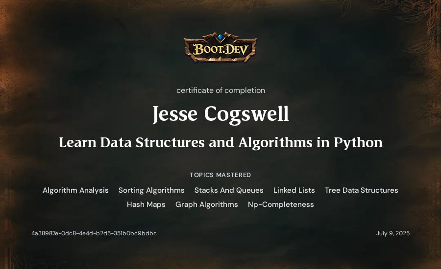 Jesse Cogswell's Boot.dev Learn Data Structures and Algorithms in Python certificate
