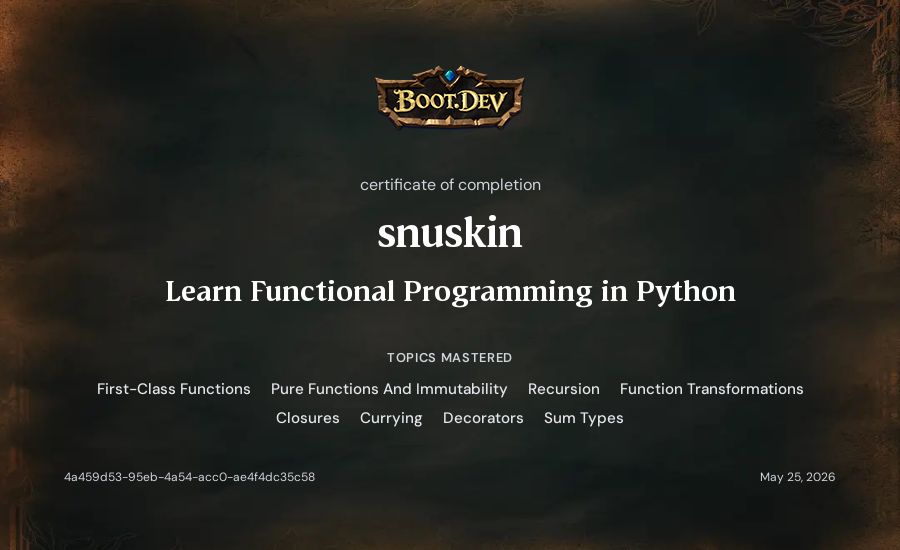 alfons's Boot.dev Learn Functional Programming in Python certificate
