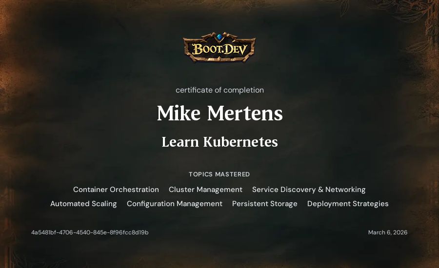 Mike Mertens's Boot.dev Learn Kubernetes certificate
