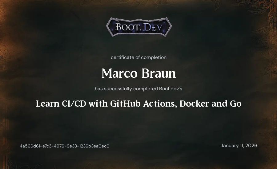 Marco Braun's Boot.dev Learn CI/CD with GitHub Actions, Docker and Go certificate