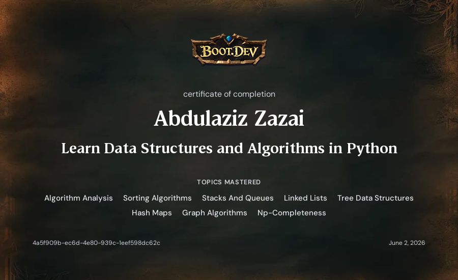 Abdulaziz Zazai's Boot.dev Learn Data Structures and Algorithms in Python certificate