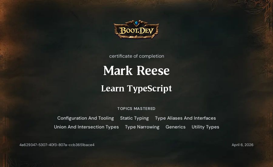 Mark Reese's Boot.dev Learn TypeScript certificate