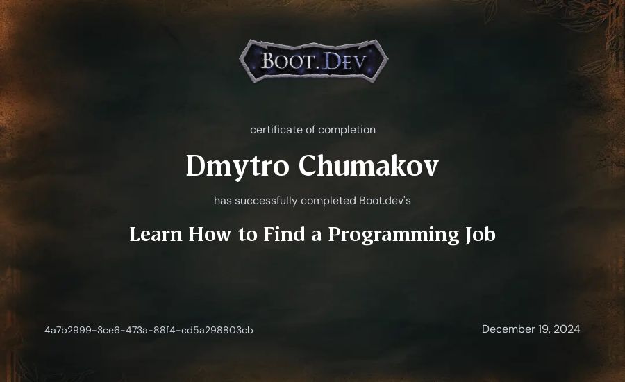Dmytro Chumakov's Boot.dev Learn How to Find a Programming Job certificate