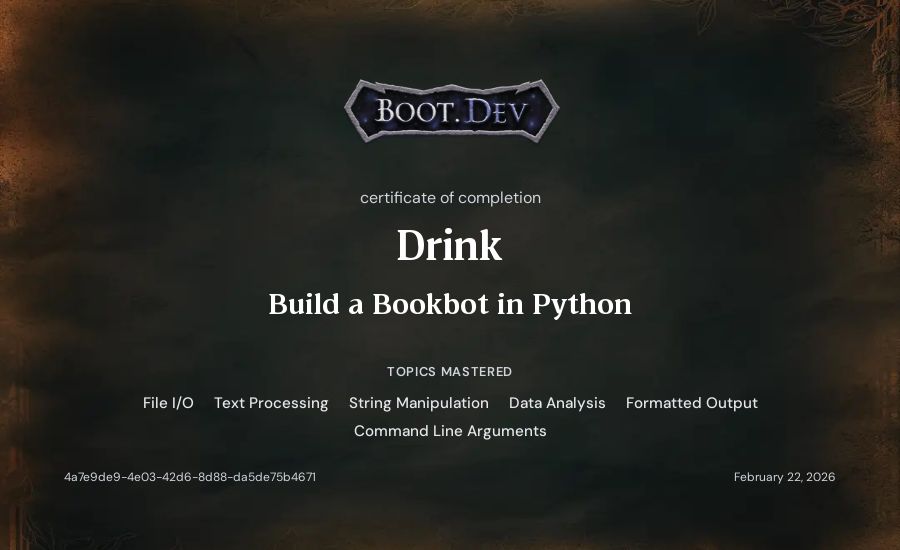 ahmojo's Boot.dev Build a BookBot in Python certificate
