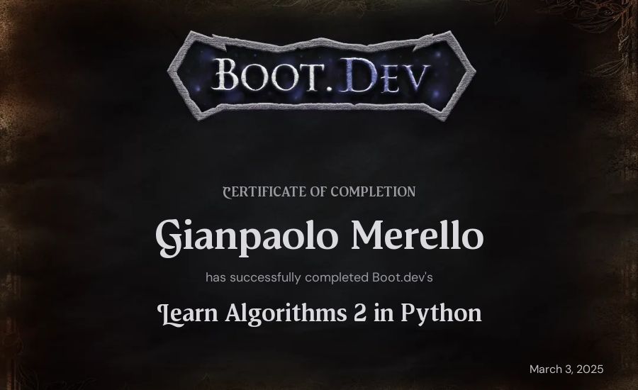 Gianpaolo Merello's Boot.dev Learn Data Structures and Algorithms 2 in Python certificate