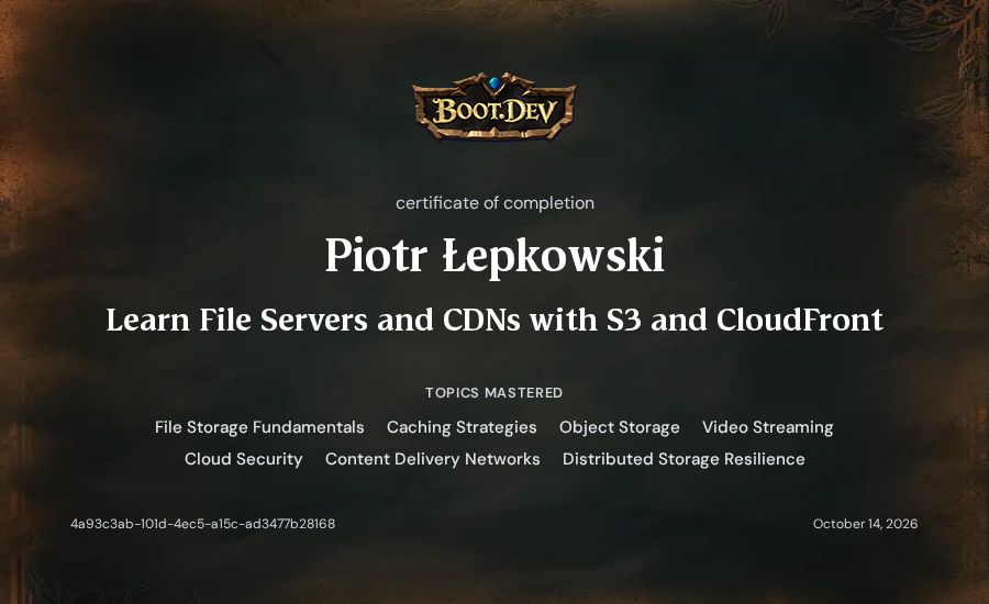 Piotr Łepkowski's Boot.dev Learn File Servers and CDNs with S3 and CloudFront certificate