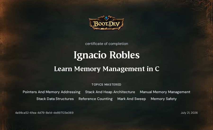 Ignacio Robles's Boot.dev Learn Memory Management in C certificate