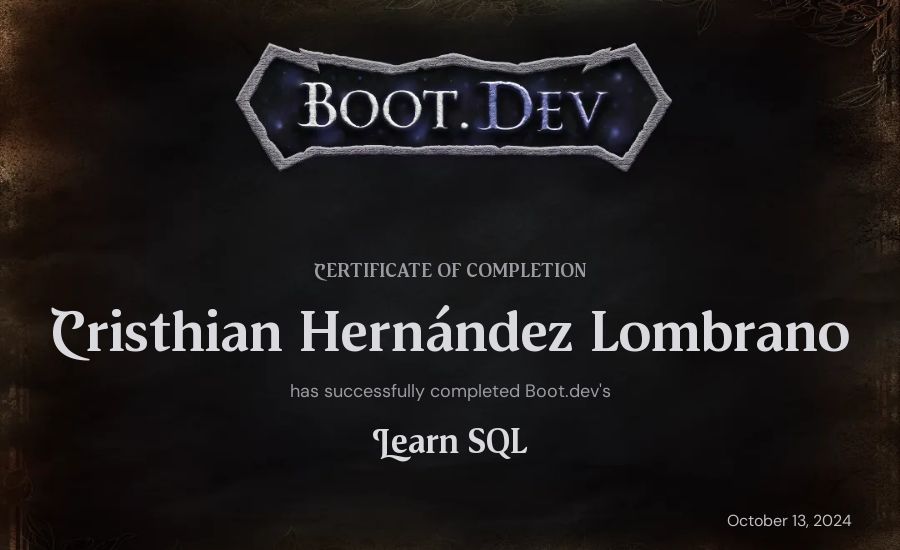 Cristhian Hernández Lombrano's Boot.dev Learn SQL certificate