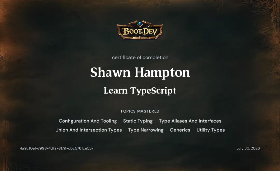 Shawn Hampton's Boot.dev Learn TypeScript certificate