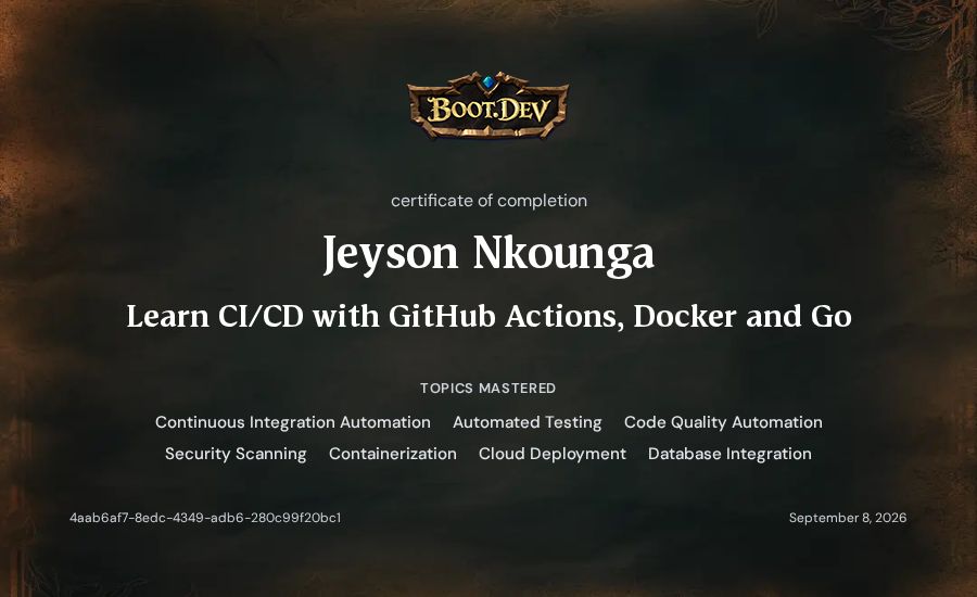Jeyson Nkounga's Boot.dev Learn CI/CD with GitHub Actions, Docker and Go certificate