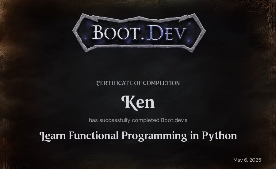 Ken's Boot.dev Learn Functional Programming in Python certificate