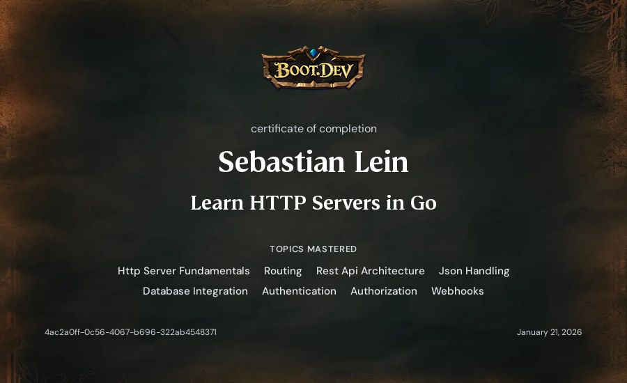Sebastian Lein's Boot.dev Learn HTTP Servers in Go certificate