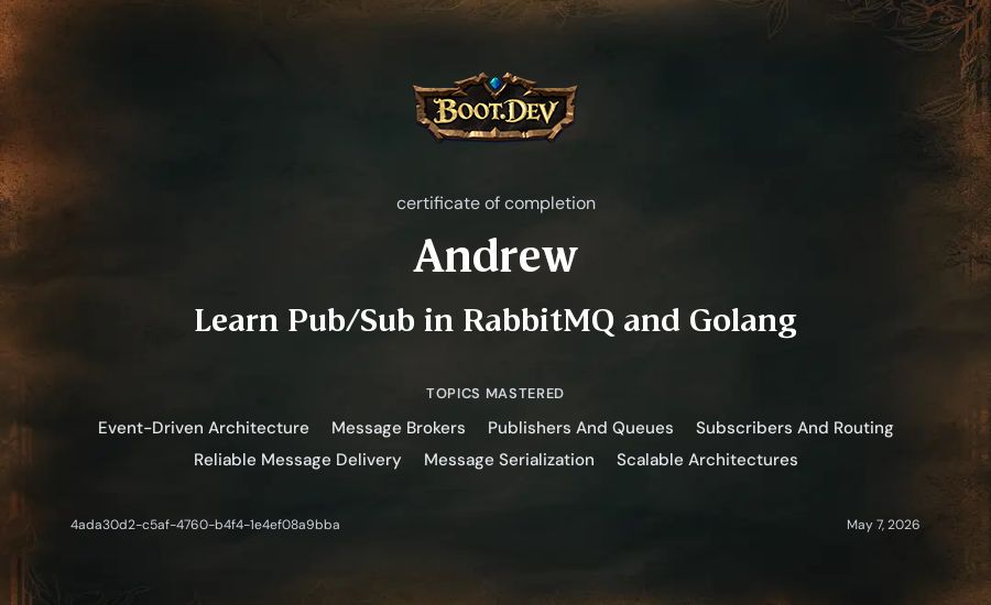 Andrew's Boot.dev Learn Pub/Sub in RabbitMQ and Go certificate