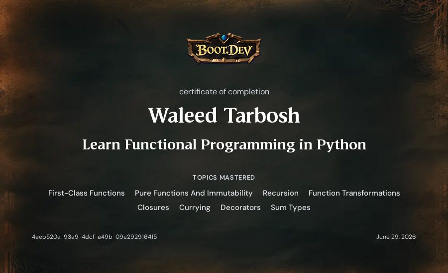 Waleed Tarbosh's Boot.dev Learn Functional Programming in Python certificate
