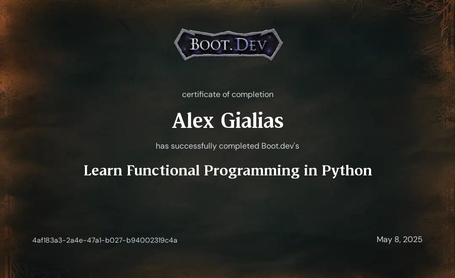 Alex Gialias's Boot.dev Learn Functional Programming in Python certificate