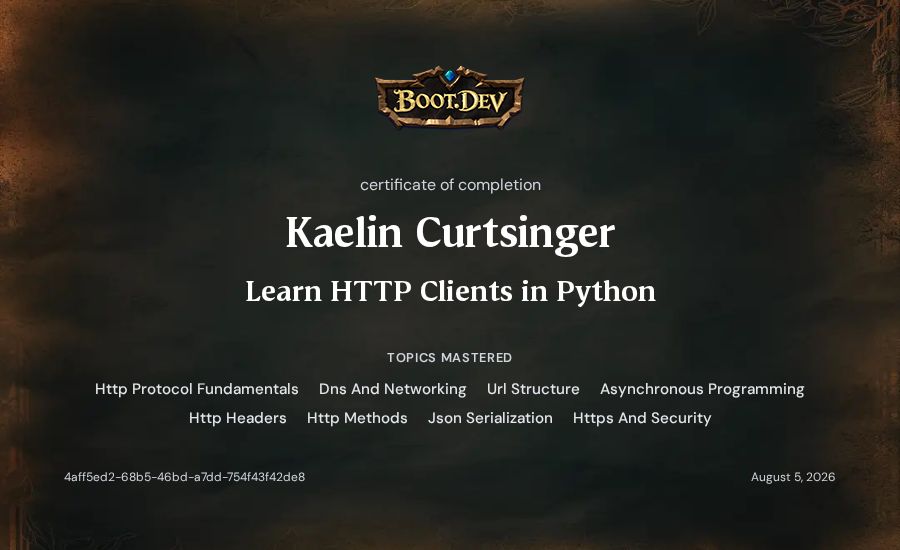Kaelin Curtsinger's Boot.dev Learn HTTP Clients in Python certificate