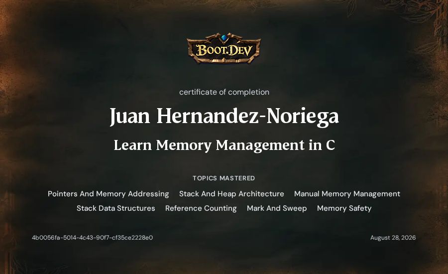 Juan Hernandez-Noriega's Boot.dev Learn Memory Management in C certificate