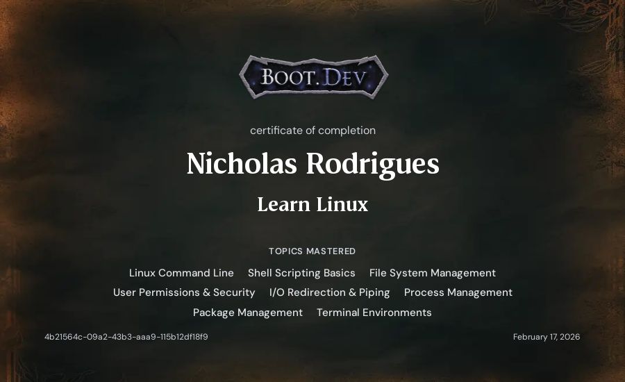 Nicholas Rodrigues's Boot.dev Learn Linux certificate