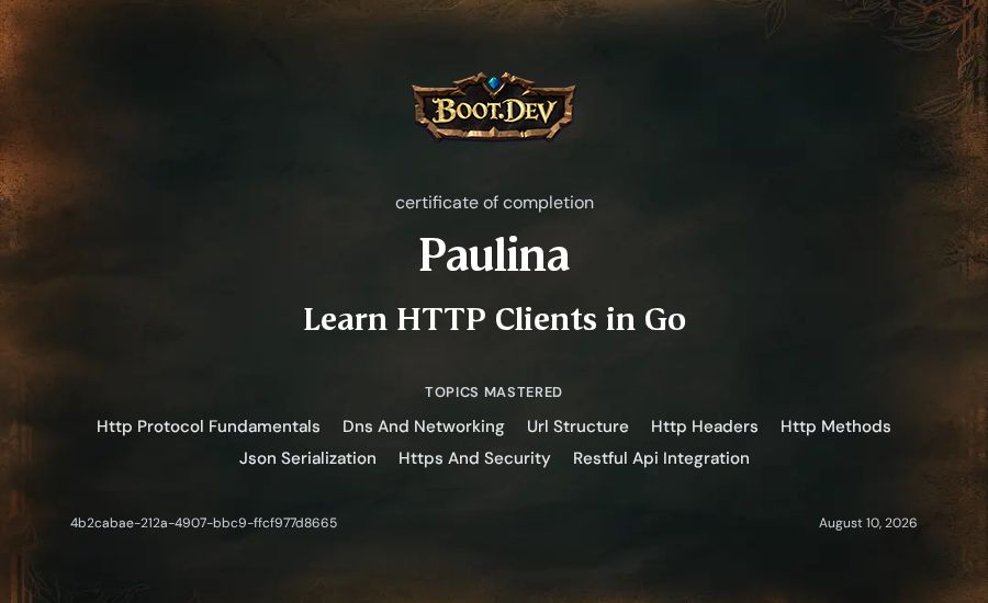 Paulina's Boot.dev Learn HTTP Clients in Go certificate