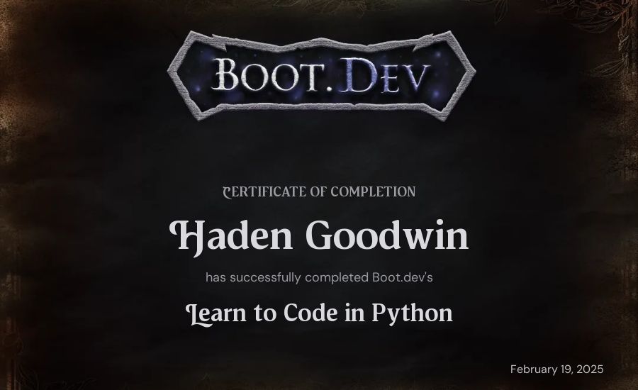 Haden Goodwin's Boot.dev Introduction to Python Course certificate