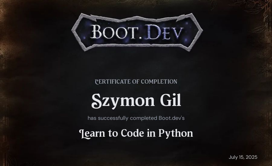 Szymon Gil's Boot.dev Introduction to Python Course certificate