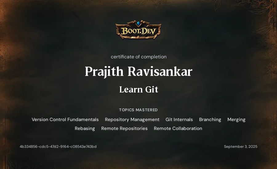 Prajith Ravisankar's Boot.dev Learn Git certificate