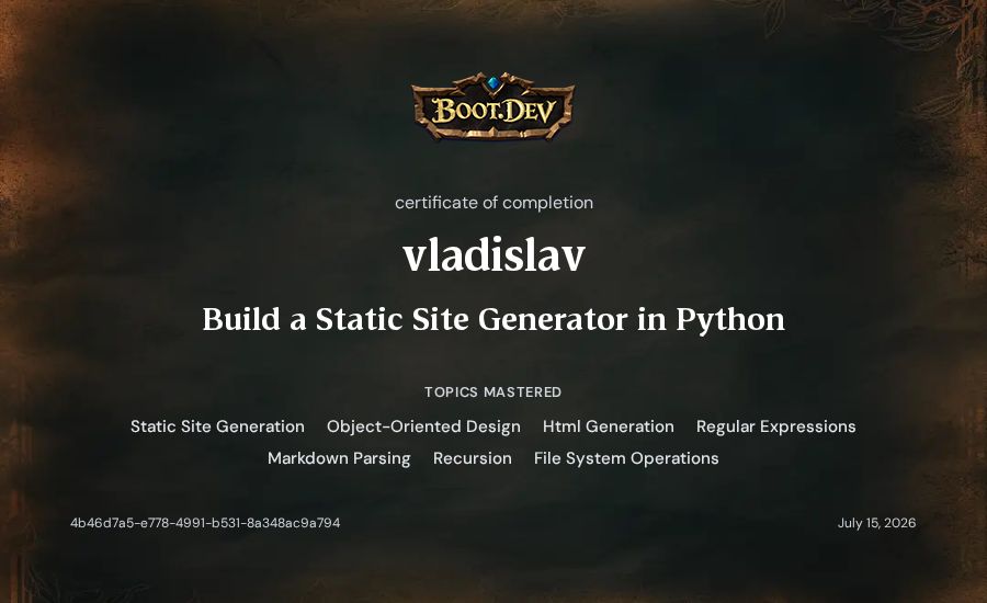 vladislav's Boot.dev Build a Static Site Generator in Python certificate