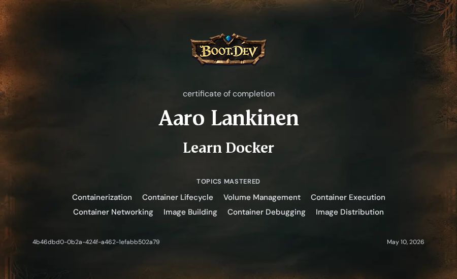 Aaro Lankinen's Boot.dev Learn Docker certificate