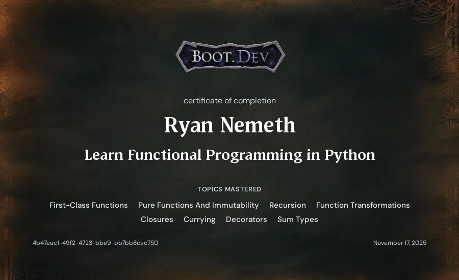Ryan Nemeth's Boot.dev Learn Functional Programming in Python certificate
