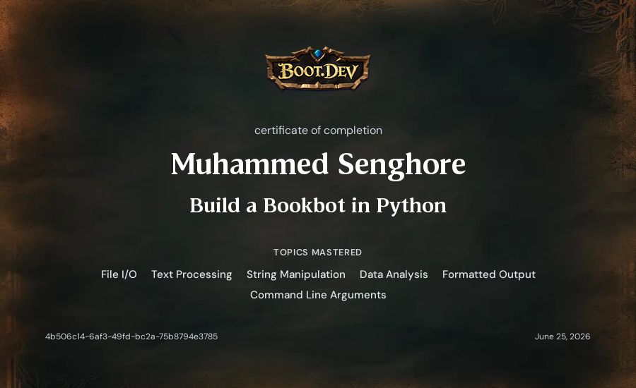 Muhammed Amin Senghore's Boot.dev Build a BookBot in Python certificate