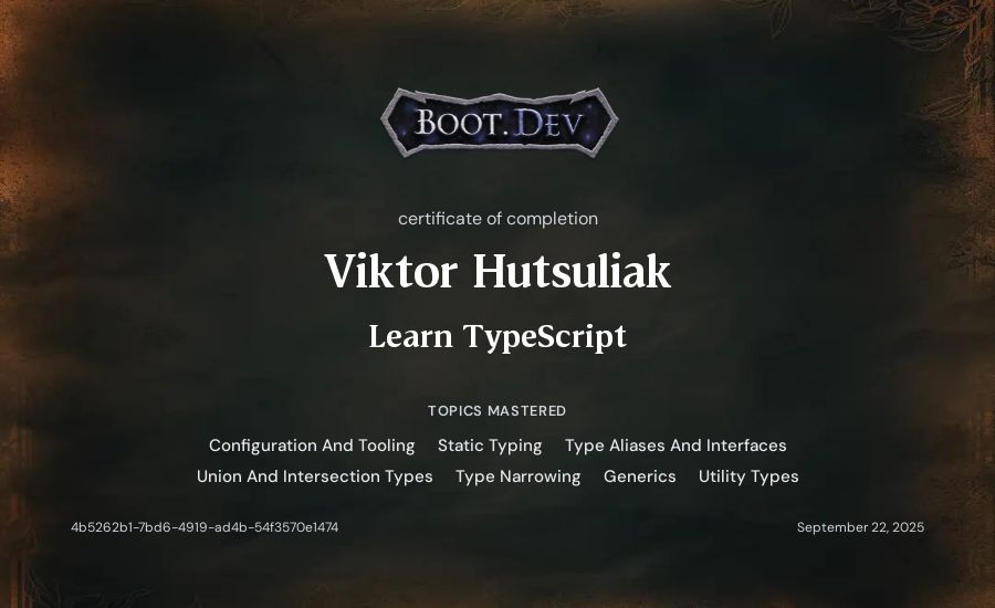 Viktor Hutsuliak's Boot.dev Learn TypeScript certificate